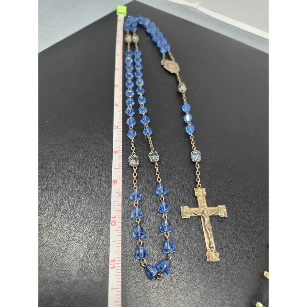 Vintage Rosary Blue Crystal Beads Sterling Silver Crucifix Centerpiece